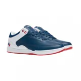 Championes de skate éS modelo Evant x Tiribo, con diseño de paneles en cuero azul y blanco. Presenta detalles en rojo en los ojales, el logo lateral y la suela. Cuenta con suela de goma plana y cierre de cordones.