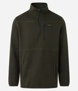 Buzo verde oscuro con textura, cuello alto con cierre de media cremallera, bolsillo en el pecho con cierre, bolsillos laterales y puños elásticos.