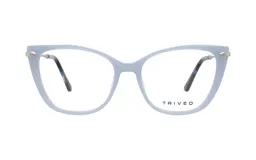 Armazón para lentes de acetato color celeste, con forma de ojo de gato y detalles metálicos plateados en las esquinas superiores.