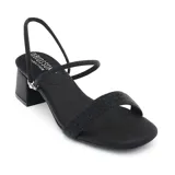 Sandalias de fiesta negras con taco cuadrado de 6 cm, tira frontal ancha con brillo y tiras finas ajustables para el talón.