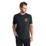 Remera negra de algodón de manga corta, con cuello redondo y diseño estampado pequeño en el pecho.