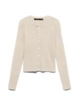 Cardigan de tejido acanalado color beige, con cuello redondo, mangas largas y cierre frontal de botones.