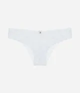 Bombacha de bikini color beige con encaje floral y moño decorativo.