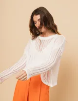 Sweater blanco de algodón con escote redondo, manga larga y calado en punto desagujado.