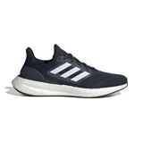 Championes de running Adidas Pureboost 23, color negro con las tres tiras blancas y suela blanca con tecnología Boost.