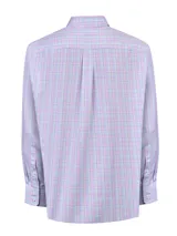 Camisa de manga larga RKF modelo Wf Pb, de corte regular y cuello americano abotonado. Presenta un estampado de cuadros multicolores en tonos celestes, rosados y verdes sobre base blanca, con un bolsillo en el pecho que incluye el logo bordado.