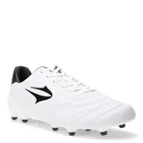 Championes de fútbol Topper modelo San Ciro V FG, color blanco con detalles en negro. Presentan capellada de cuero sintético con costuras reforzadas en la puntera y suela con tapones para césped natural.