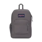 Mochila JanSport color gris, con un compartimento principal, bolsillo frontal con cierre, bolsillo lateral para botella de agua y sobre interno acolchado para laptop de 15 pulgadas.