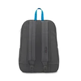 Mochila JanSport modelo Digibreak, con diseño estampado en tonos grises y azules. Cuenta con un compartimento principal amplio, un bolsillo frontal con cierre y detalles en color azul vibrante.