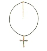 Collar con cordón de hilo dorado y negro, dije de cruz de acero dorado con incrustaciones de zirconias de colores.
