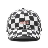 Gorra de béisbol Vans modelo Court Side, con diseño a cuadros blancos y negros y logo de la marca bordado en rosa en el frente.
