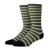 Medias altas Stance Fate Crew con diseño de rayas horizontales multicolor en tonos azules, verdes, blancos y negros, con puntera y talón negros.