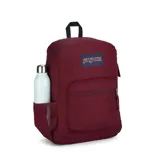 Mochila JanSport color borgoña, modelo Cross Town, con compartimento principal amplio, bolsillo frontal con organizador, bolsillo lateral para botella, panel trasero acolchado y correas acolchadas.