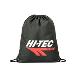 Mochila tipo saco Hi-Tec modelo Azai, color negro con cordones ajustables y estampa frontal en blanco y rojo con el logo de la marca.