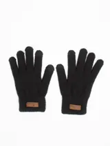 Guantes negros tejidos con detalle de etiqueta de cuero sintético en la muñeca.
