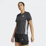 Remera deportiva Adidas de entrenamiento, color negro con las tres tiras características en blanco a los costados y logo de la marca en el pecho. Presenta cuello redondo, mangas cortas y tecnología de absorción de sudor.