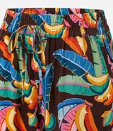 Short runner de tiro medio con cintura elástica y cordón ajustable. Confeccionado en una mezcla de viscosa y lino, presenta un estampado tropical colorido sobre fondo marrón, con bolsillos laterales y bajo redondeado.