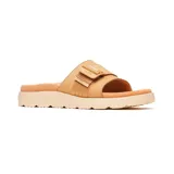 Sandalia Merrell modelo Fleur Slide de color tostado, con capellada de cuero de grano completo, tira ajustable con hebilla y plantilla revestida de corcho.