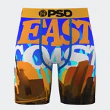 Calzoncillos bóxer estampados con la frase "East Coast" y un diseño de la ciudad de Nueva York.