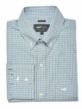 Camisa de manga larga RKF con estampado de cuadros pequeños en tonos azul y verde. Presenta cuello americano abotonado, bolsillo frontal en el pecho con logo bordado y cierre frontal de botones.