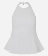 Blusa sin mangas de bengalina color blanco, con cuello halter, diseño de frente única y corte peplum con vuelo en la parte inferior.