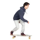 Canguro azul con capucha y cordones ajustables. Estampado frontal con el logo de la marca en blanco, amarillo y celeste.