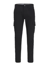 Pantalón cargo negro con cierre de cremallera, corte recto y bolsillos laterales con fuelle.