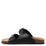 Sandalias tipo Birkenstock de color negro, con doble tira ajustable mediante hebillas metálicas y plantilla anatómica con base de corcho.