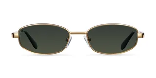 Lentes de sol con montura rectangular de acero inoxidable en color dorado y lentes polarizadas en tono verde. Presentan un diseño minimalista con varillas metálicas y terminales de acetato.