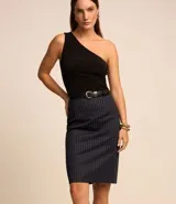 Pollera lápiz de viscosa con estampado de rayas verticales y cierre de cremallera en la espalda.