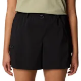 Short de senderismo color negro con cintura elástica ajustable mediante cordón. Presenta múltiples bolsillos funcionales, incluyendo bolsillos laterales con cierre de velcro y un bolsillo de seguridad con cremallera. Confeccionado con tecnología de secado rápido y resistente a manchas.