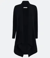 Cardigan largo de punto texturizado color ladrillo, con abertura frontal y terminación en puntas.