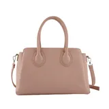 Cartera de mano tipo tote de la marca Las Oreiro, color rosado, con textura granulada, doble asa superior y correa larga ajustable y extraíble. Presenta el logo de la marca grabado en el frente.