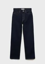 Jeans de tiro alto y corte recto, confeccionados en tejido de algodón estilo tejano vaquero en color azul oscuro con lavado rinse. Presentan cierre frontal con cremallera y botón, trabillas para cinturón y diseño clásico de cinco bolsillos.