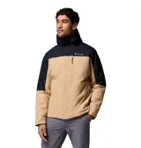 Campera impermeable Columbia modelo Hikebound II Insulated Omni-Heat, con diseño en bloques de color beige y negro, capucha ajustable y cierre frontal con cremallera y solapa.