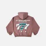 Hoodie marrón con capucha, corte boxy y estampado en la espalda con el logo de la marca Cold Culture, el texto "Wish Me Some Luck...", el número 777 con diseño de rayas y los símbolos de la baraja francesa.