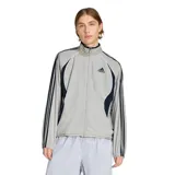 Campera deportiva Adidas Teamgeist de color gris con detalles en azul marino. Presenta cuello alto, cierre frontal completo, mangas largas con las icónicas tres tiras de la marca y paneles laterales en contraste.