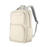 Mochila de diseño cuadrado, color beige claro, con múltiples compartimentos frontales con cierre y correas acolchadas para los hombros.