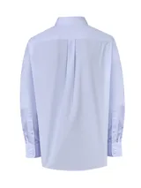 Camisa de manga larga RKF modelo Wf Pc, color celeste con sutiles rayas verticales, de corte regular. Cuenta con cuello clásico, cierre frontal de botones, bolsillo en el pecho con el logo bordado y acabado resistente a las arrugas.