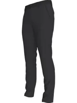 Pantalón tipo chino de corte slim, color negro, con cierre de botón y cremallera, trabillas para cinturón y bolsillos laterales.