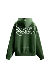 Hoodie verde oscuro con efecto desgastado y estampado de graffiti en la espalda.