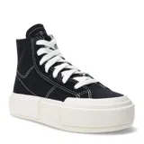 Championes Converse modelo Cruise de caña alta, confeccionados en lona de algodón negra con costuras blancas en contraste. Presentan una suela de plataforma de goma blanca con diseño segmentado y cordones blancos.