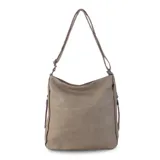 Cartera tipo hobo o de hombro, color beige topo, confeccionada en símil cuero con textura suave. Presenta costuras decorativas en el frente dividiendo el panel en cuatro secciones. Posee dos correas trenzadas para llevar al hombro y cierres laterales decorativos con tiradores de cuero.