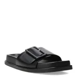 Sandalias tipo slide de color negro, con una tira ancha frontal que incluye una hebilla decorativa cuadrada del mismo tono. Presentan una base plana con diseño de punta cuadrada.