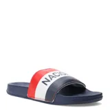 Sandalias tipo chinela con diseño tricolor en rojo, blanco y azul, con la inscripción Nacional en la banda superior.