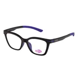 Anteojos de receta MDQ modelo GT10, con armazón de acetato en color negro y detalles en violeta en las patillas.