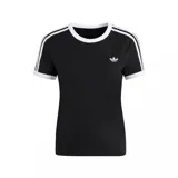 Remera Adidas de corte ajustado, color negro con cuello redondo y bordes de mangas en color blanco. Presenta las icónicas tres rayas blancas en los hombros y el logo del trébol bordado en el pecho.