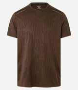 Remera deportiva de hombre con tecnología Dry, cuello redondo y mangas cortas. Presenta un diseño con estampa sutil tipo heat print y detalles de líneas en los hombros.