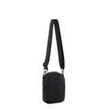 Bandolera pequeña de cuero sintético negro con doble compartimento con cierre y correa ajustable con logo de la marca.