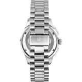 Reloj Maserati Sorpasso con caja de acero plateado de 42mm y esfera azul sunray. Cuenta con brazalete metálico plateado, cristal mineral resistente, cronógrafo y fechador. Resistente al agua hasta 100 metros. Incluye 2 años de garantía en la maquinaria.